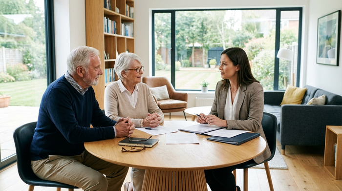 Ein seriöses Beratungsgespräch: Ein älteres Ehepaar sitzt mit einer professionellen Beraterin an einem runden Tisch, Dokumente liegen bereit, helle und freundliche Büroumgebung.