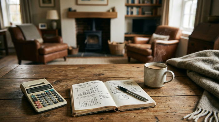 Ein Taschenrechner, ein Notizbuch und eine Tasse Kaffee auf einem Holztisch, im Hintergrund unscharf ein gemütliches Wohnzimmer. Symbolisiert eine entspannte und strukturierte Finanzplanung.