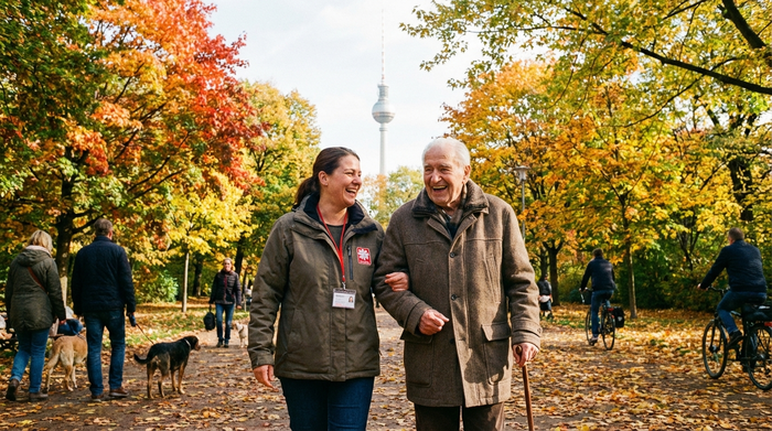 Eine engagierte Betreuungskraft und ein Senior spazieren gemeinsam lachend durch einen grünen Berliner Park im Herbst, umgeben von bunten Bäumen und Laub.