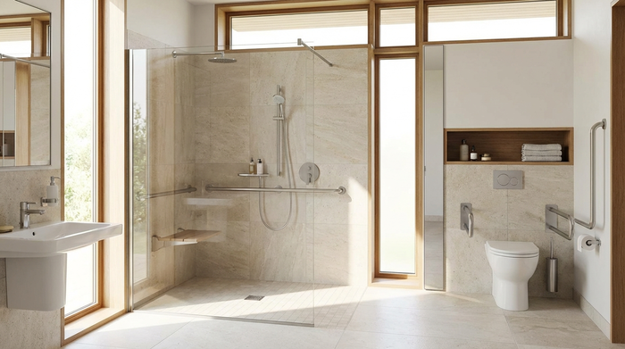 Ein modernes, helles und barrierefreies Badezimmer mit einer bodengleichen Dusche, dezenten Haltegriffen und einer eleganten Glaswand.