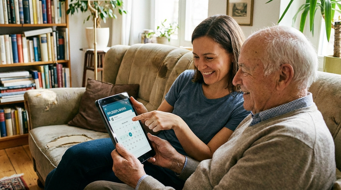 Eine erwachsene Tochter und ihr älterer Vater sitzen auf einem bequemen Sofa und schauen sich gemeinsam lächelnd ein Tablet an, um den Pflegebedarf zu planen.