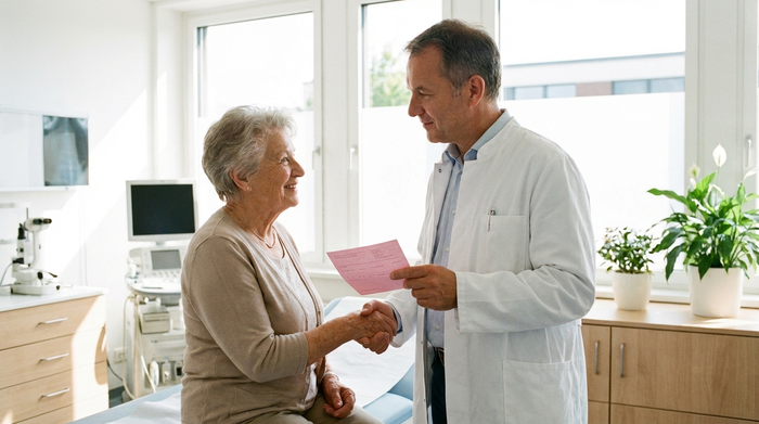 Eine ältere Frau und ein freundlicher Arzt sitzen in einem hellen Behandlungszimmer. Der Arzt überreicht ein rosafarbenes Rezept. Vertrauensvolle, professionelle Stimmung in einem sauberen, modernen klinischen Umfeld.