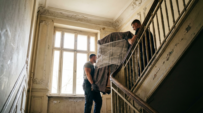 Ein typisches, enges Berliner Altbautreppenhaus mit hölzernem Geländer und Stuckverzierungen. Zwei kräftige Männer in Arbeitskleidung tragen vorsichtig ein verpacktes, großes Möbelstück die Treppe hinauf. Helles Tageslicht fällt durch das Treppenhausfenster.