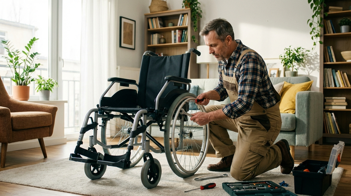 Ein kompetenter Handwerker in sauberer Arbeitskleidung prüft mit Werkzeug die Räder eines Rollstuhls in einem gut beleuchteten Wohnzimmer. Fokussierte, professionelle Reparaturarbeit, realistische und authentische Szene.