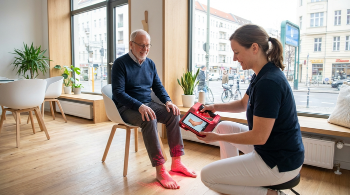 Ein Orthopädietechniker in einem modernen, hellen Sanitätshaus in Berlin führt einen berührungslosen 3D-Laser-Scan der Füße eines älteren Herren durch. Realistische Szene, fokussiert auf den leuchtenden Scanner und die entspannte Atmosphäre.