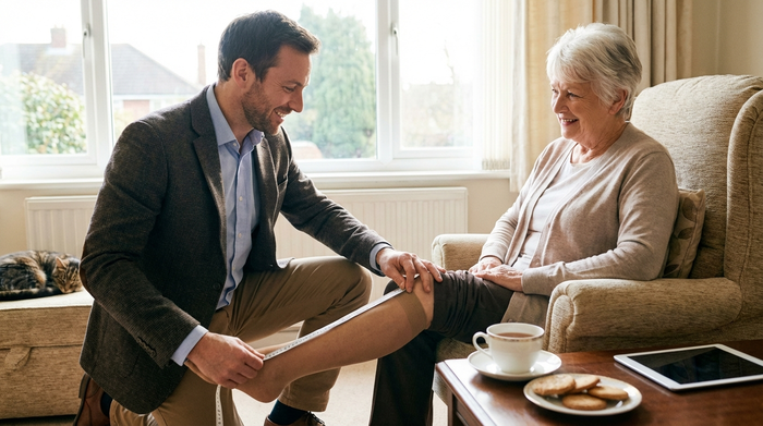 Ein freundlicher Medizinprodukteberater besucht eine Seniorin zu Hause im hellen Wohnzimmer. Er misst am frühen Morgen behutsam und professionell ihre Beine für maßgefertigte Strümpfe aus. Vertrauensvolle und freundliche Interaktion.