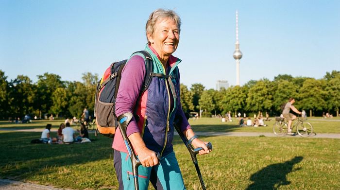 Eine rüstige Seniorin stützt sich auf moderne, ergonomische Unterarmgehstützen und spaziert lächelnd durch einen sonnigen Berliner Park.