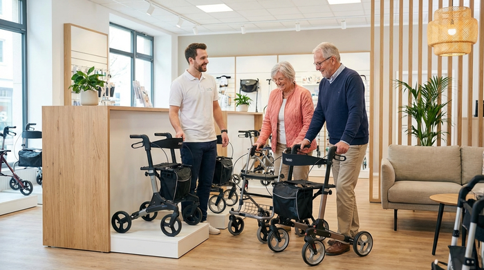 Ein freundlicher Mitarbeiter in einem modernen Sanitätshaus zeigt einem älteren Ehepaar verschiedene Rollatormodelle. Helle Beleuchtung, aufgeräumte Ausstellungsfläche.