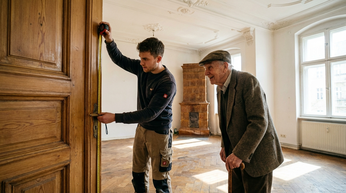 Ein Techniker misst mit einem Maßband den Türrahmen in einer klassischen Berliner Altbauwohnung aus, während ein älterer Herr interessiert zuschaut.