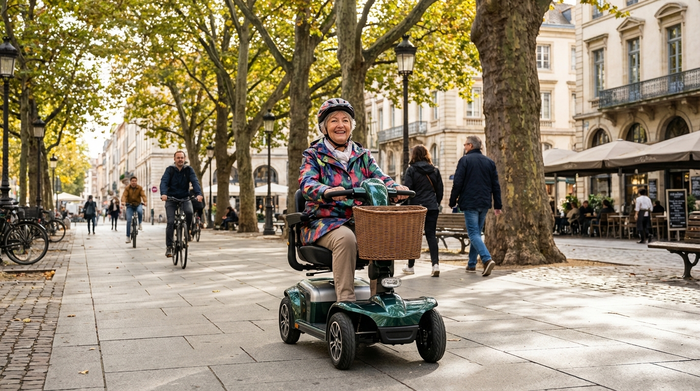 Eine glückliche Seniorin fährt mit einem eleganten Elektromobil sicher über einen breiten Gehweg in der Stadt, umgeben von grünen Bäumen.
