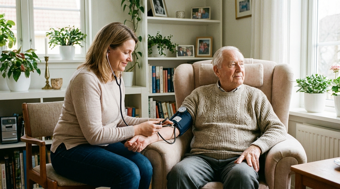 Eine einfühlsame Pflegekraft misst sanft den Blutdruck eines älteren Herrn, der entspannt in einem komfortablen Sessel sitzt. Helles, aufgeräumtes Wohnzimmer mit Pflanzen im Hintergrund. Harmonische, realistische Szene ohne Text.