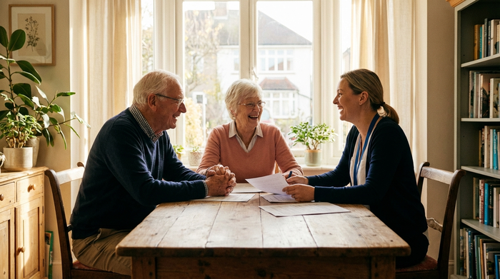 Ein älteres Ehepaar sitzt gemeinsam mit einer Pflegeberaterin an einem Holztisch und bespricht entspannt Unterlagen. Die Atmosphäre ist vertrauensvoll und positiv, weiches Sonnenlicht fällt durch das Fenster. Keine lesbaren Texte.
