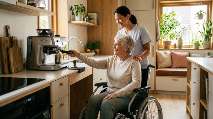 Eine lächelnde Seniorin bedient eine Kaffeemaschine in einer modernen, barrierefreien Küche. Eine Pflegekraft steht unterstützend und aufmerksam im Hintergrund. Warme, einladende Umgebung, realistische Fotografie ohne Text.