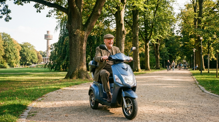 Ein rüstiger Senior fährt fröhlich mit einem modernen Elektromobil durch einen grünen Hamburger Park. Sonniges Wetter, große Bäume und ein gepflegter Weg im Hintergrund. Fotorealistisch, klare Umgebung.