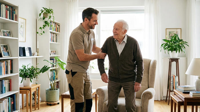 Ein engagierter männlicher Pfleger stützt einen älteren Herrn behutsam beim Aufstehen aus einem komfortablen Sessel in einem aufgeräumten, hellen Wohnzimmer. Beide lächeln sich freundlich an. Natürliches Tageslicht, realistische Szene ohne Text.