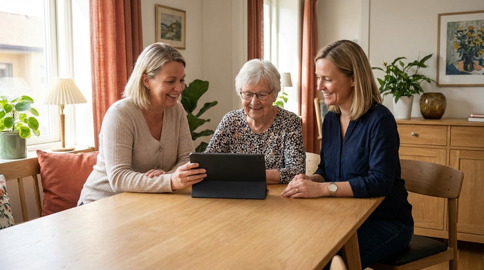 Zwei erwachsene Töchter sitzen gemeinsam mit ihrer älteren Mutter an einem hellen Holztisch und schauen entspannt auf ein Tablet. Sie besprechen die Organisation der Pflege. Gemütliche, aufgeräumte häusliche Umgebung, warme Farben.