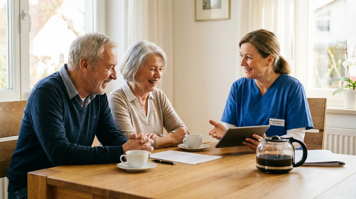 Eine sympathische Pflegedienstleitung im Gespräch mit einem älteren Ehepaar am heimischen Esstisch. Auf dem Tisch stehen Kaffeetassen. Alle wirken entspannt und nicken zustimmend. Helle, freundliche und professionelle Beratungssituation.