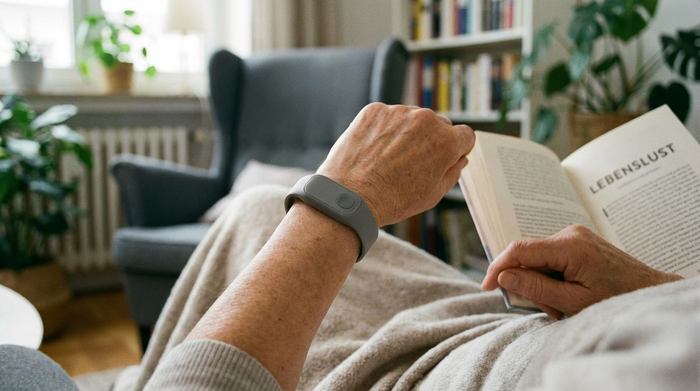 Ein moderner, unauffälliger Hausnotruf-Sender am Handgelenk einer älteren Person, die entspannt ein Buch liest. Fokus auf das Handgelenk und das Gerät, weicher Hintergrund eines gemütlichen Wohnzimmers. Realistische, klare Darstellung.