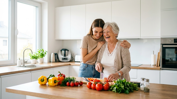 Eine liebevolle Betreuungskraft kocht gemeinsam mit einer lachenden Seniorin in einer modernen, sauberen Küche. Frisches Gemüse liegt auf der Arbeitsplatte. Harmonisches Miteinander, helles Licht, realistische Szene.