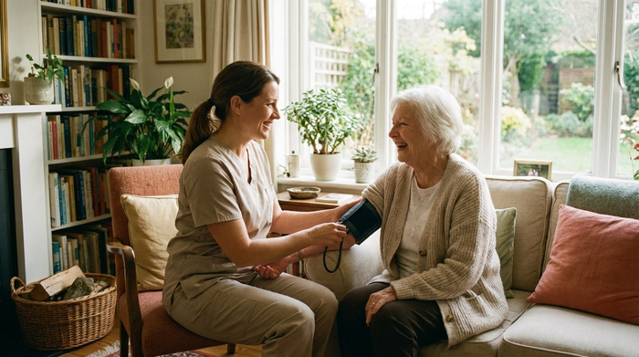Eine examinierte Pflegekraft misst den Blutdruck einer älteren Dame im gemütlichen Wohnzimmer. Beide lächeln sich entspannt an. Helle, freundliche Atmosphäre ohne medizinische Geräte im Hintergrund.