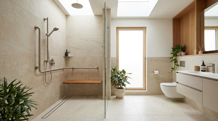 Ein modernes, barrierefreies Badezimmer mit einer bodengleichen Dusche, eleganten Haltegriffen und einem bequemen Duschsitz. Helle Fliesen und viel Tageslicht vermitteln ein sicheres Gefühl.