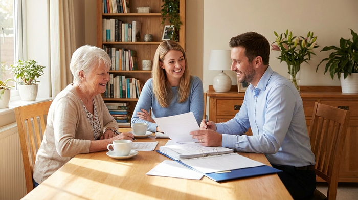Eine Familie sitzt gemeinsam am Esstisch und bespricht entspannt Dokumente. Eine ältere Frau, ihre erwachsene Tochter und ein freundlicher Berater nicken sich zustimmend zu.