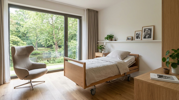 Ein stilvolles, modernes Zimmer in einem Seniorenheim mit einem bequemen Sessel, einem frisch gemachten Bett und einem großen Fenster mit Blick auf einen grünen Park in Hamburg.