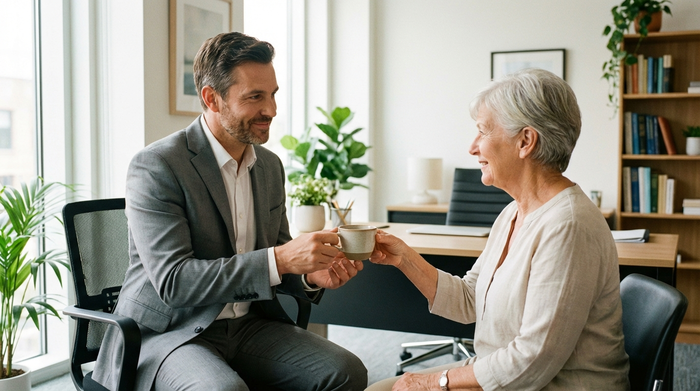 Ein freundlicher Pflegeberater im Anzug sitzt einer älteren Dame gegenüber und reicht ihr mit einem beruhigenden Lächeln eine Tasse Kaffee in einem hellen, professionellen Büro.