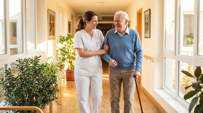 Eine liebevolle Pflegekraft in weißer Berufskleidung stützt behutsam einen älteren Herrn am Arm, während sie gemeinsam fröhlich durch einen lichtdurchfluteten Flur spazieren.