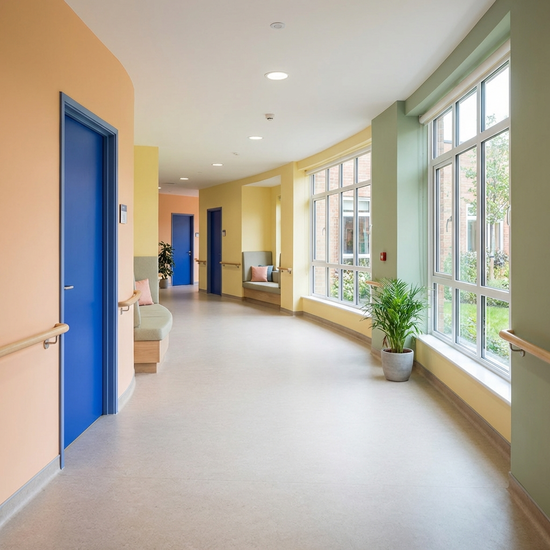 Ein breiter, heller Flur in einer modernen Pflegeeinrichtung, der sanft in einer Kurve verläuft, ohne Ecken oder Sackgassen. Die Wände sind in warmen Pastellfarben gestrichen, während sich die Zimmertüren in einem kräftigen Blau kontrastreich abheben. Große Fenster lassen viel Tageslicht herein.