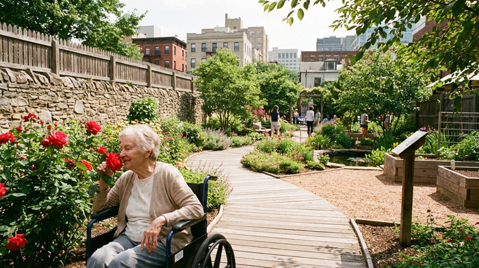 Ein idyllischer, sicher umzäunter Demenzgarten mitten in der Stadt. Üppige grüne Pflanzen, ein leicht begehbarer Rundweg und eine ältere Dame im Rollstuhl, die friedlich an einer leuchtend roten Rose riecht.