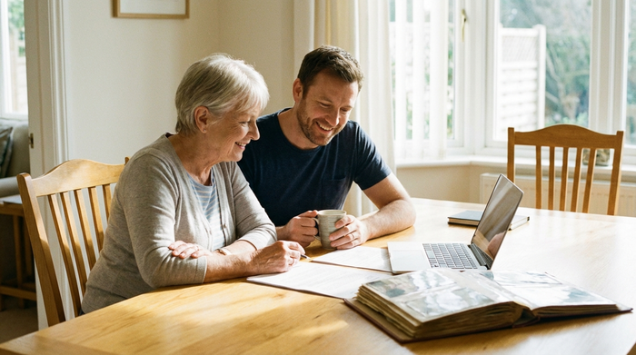 Eine ältere Frau und ihr erwachsener Sohn sitzen gemeinsam an einem hellen Holztisch und besprechen entspannt Unterlagen. Eine Tasse Kaffee steht auf dem Tisch, die Stimmung im Raum ist vertrauensvoll und erleichtert.