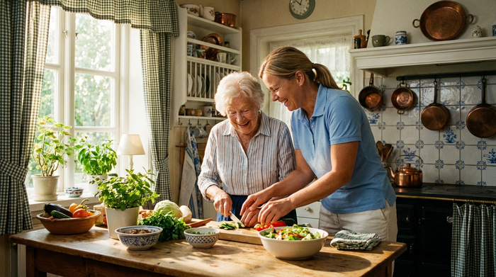Eine freundliche Betreuungskraft hilft einer lächelnden Seniorin liebevoll beim Zubereiten eines Salats in einer gemütlichen, heimischen Küche. Frisches Gemüse liegt auf der hölzernen Arbeitsplatte, Sonnenlicht fällt durch das Küchenfenster.