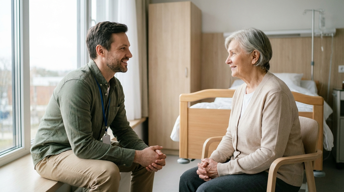 Ein freundlicher Sozialarbeiter im Gespräch mit einer älteren Dame in einem hellen, modernen Krankenhauszimmer. Beide lächeln leicht. Im Hintergrund ein unscharfes Krankenhausbett. Realistische, professionelle Fotografie ohne lesbaren Text.