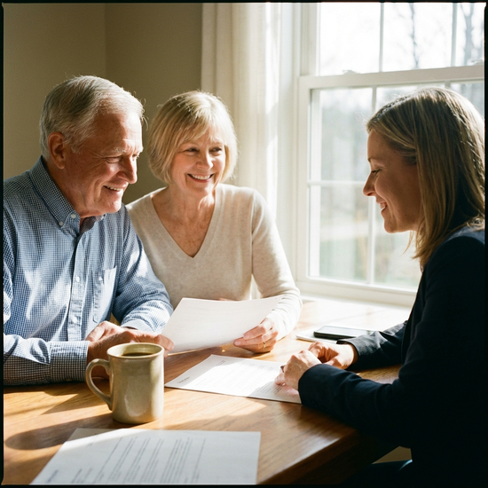 Ein älteres Ehepaar sitzt gemeinsam mit einer Beraterin an einem Holztisch und betrachtet entspannt einige Dokumente. Eine Tasse Kaffee steht auf dem Tisch. Helle, freundliche Beleuchtung, keine lesbaren Texte auf den Papieren.