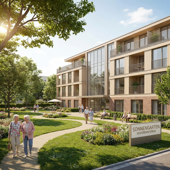 Eine gepflegte, moderne Seniorenresidenz von außen mit einem schönen grünen Garten. Ältere Menschen spazieren entspannt auf den Wegen. Sonniges Wetter, realistische Fotografie.