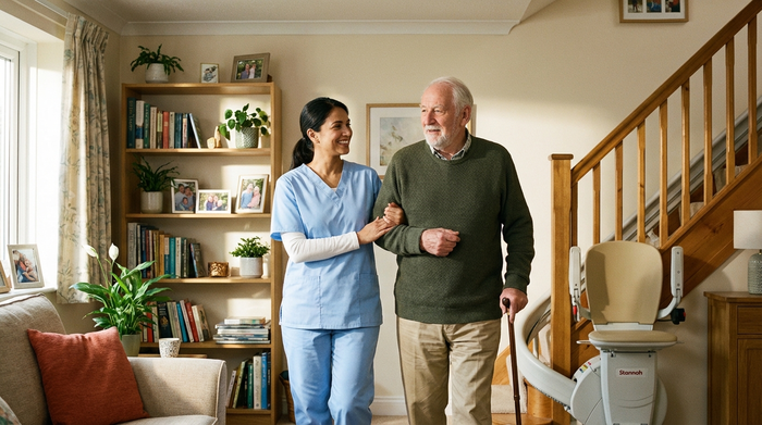 Eine sympathische Pflegekraft in heller Berufskleidung hilft einem lächelnden Senior beim Gehen im eigenen Wohnzimmer. Ein moderner Treppenlift ist im Hintergrund dezent sichtbar. Warme, häusliche Atmosphäre, fotorealistisch.