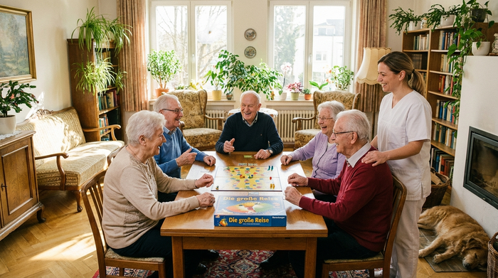 Eine fröhliche Gruppe von Senioren sitzt in einem lichtdurchfluteten Gemeinschaftsraum zusammen und spielt ein Brettspiel. Eine Pflegekraft schaut lächelnd zu. Gemütliche Einrichtung mit Pflanzen, authentische Szene.