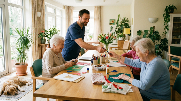Eine Gruppe fröhlicher Senioren sitzt in einem hellen Raum an einem Tisch und bastelt gemeinsam. Ein liebevoller Pfleger reicht einer älteren Dame einen Stift. Entspannte, herzliche Atmosphäre.