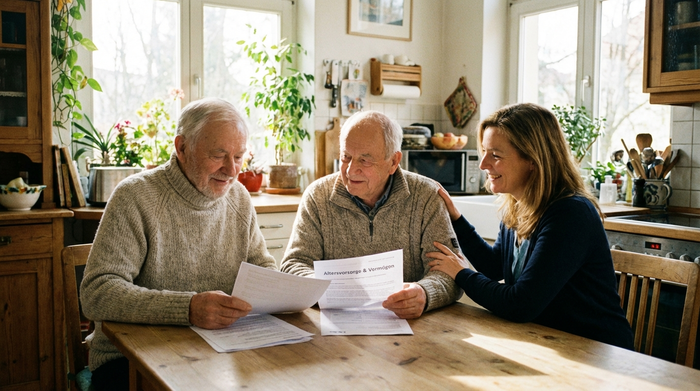 Ein älteres Ehepaar sitzt am Küchentisch und schaut entspannt auf einige Dokumente. Die Tochter sitzt daneben und lächelt beruhigend. Helles Tageslicht fällt durch das Fenster.