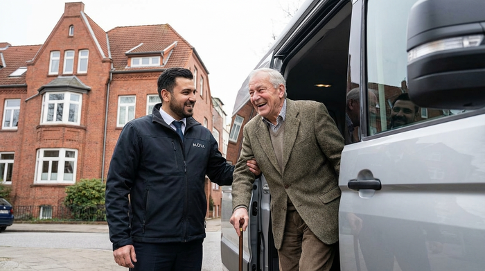 Ein freundlicher Fahrer eines Fahrdienstes hilft einem lächelnden Senior mit Gehstock behutsam beim Einstieg in einen modernen Kleinbus. Im Hintergrund erkennt man eine typische Hamburger Backsteinfassade.