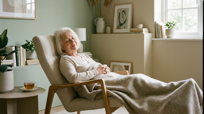 Eine ältere Dame ruht sich in einem komfortablen, modernen Ruhesessel in einem ruhigen, in sanften Farben gestrichenen Raum aus. Sie hat die Augen geschlossen und wirkt sehr entspannt.