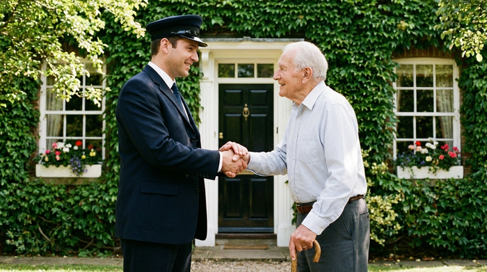 Ein geduldiger Fahrer in Dienstkleidung reicht einem älteren Herrn mit Gehstock stützend die Hand vor einer gepflegten Haustür. Friedliche, vertrauensvolle Stimmung im Tageslicht.