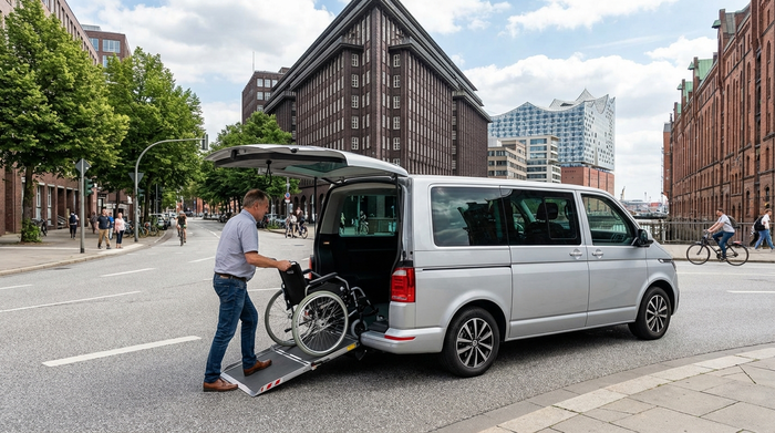 Ein moderner Kleinbus mit ausgefahrener Rampe am Heck. Ein Fahrer schiebt behutsam einen leeren Rollstuhl in das Fahrzeug. Hamburger Stadtkulisse mit Bäumen im Hintergrund.