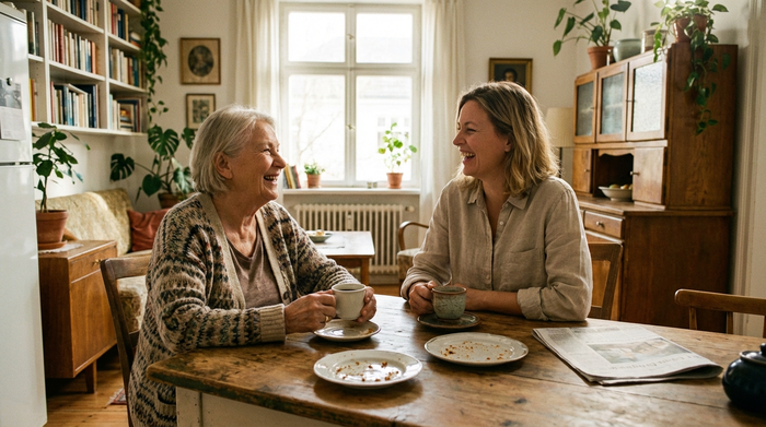 Eine ältere Dame und ihre Tochter sitzen entspannt am Küchentisch bei einer Tasse Kaffee und lächeln. Helle, gemütliche Wohnungseinrichtung, entspannte und sorgenfreie Atmosphäre.