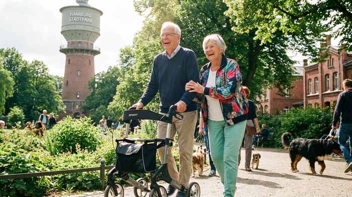 Ein aktives Seniorenpaar spaziert gut gelaunt durch einen grünen Hamburger Park, der Herr nutzt einen modernen Rollator. Sonnenschein, lebendige und positive Stimmung.