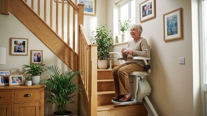 Eine glückliche Seniorin fährt entspannt auf einem modernen Treppenlift eine helle Holztreppe hinauf. Gepflegtes, gemütliches Wohnambiente mit Pflanzen und Bildern an der Wand.