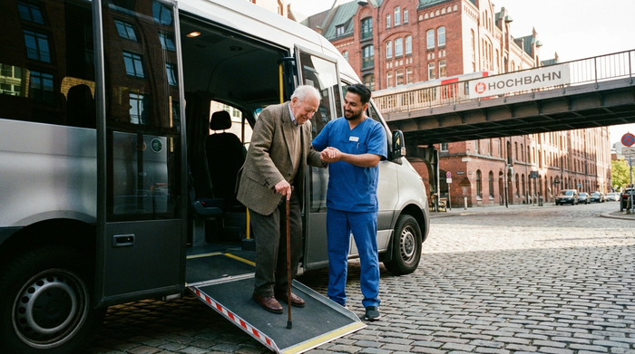 Ein freundlicher Pfleger hilft einem älteren Herrn mit Gehstock sanft aus einem rollstuhlgerechten Kleinbus. Helles Tageslicht, städtische Umgebung in Hamburg mit typischen Backsteingebäuden im Hintergrund. Positive und sichere Ausstrahlung.
