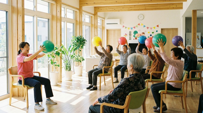 Eine Gruppe fröhlicher Senioren bei der Sitzgymnastik in einem lichtdurchfluteten Raum. Sie heben bunte Gymnastikbälle. Eine motivierende Pflegerin macht die Übungen vorne vor. Lebendige und aktive Stimmung, gepflegte Umgebung.