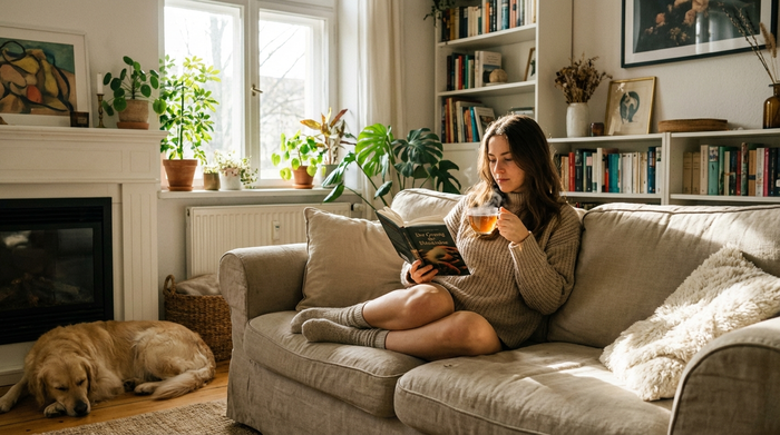 Eine entspannte, jüngere Frau sitzt auf einem Sofa und liest ein Buch, während sie eine Tasse Tee genießt. Friedliche und ruhige Atmosphäre im heimischen Wohnzimmer. Realistische, gemütliche Szene.
